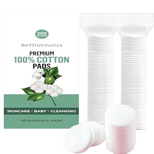 BeYOUtiholics 230gsm Wattepads 200 Stück – 100% reine Baumwollpads für Gesicht, Make-up-Entfernung, Toner, Babypflege – hypoallergen, fusselfrei, extra saugfähig