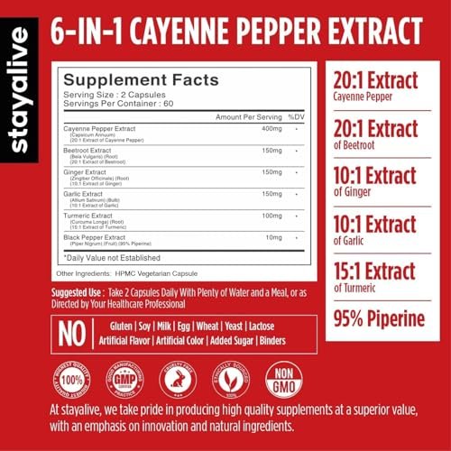 STAY ALIVE Cayenne Pfeffer Kapseln, 6-in-1 Capsicum-Mischung mit Ingwer, Knoblauch, Kurkuma, Rote Bete und Schwarzer Pfeffer Extrakt, 120 Cayenne-Kapseln, Non-GMO & glutenfrei, Capsimax Capsaicin Supplement