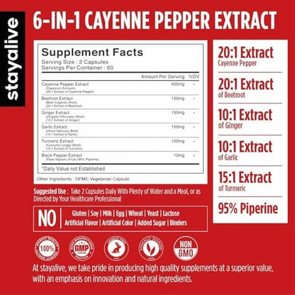 STAY ALIVE Cayenne Pfeffer Kapseln, 6-in-1 Capsicum-Mischung mit Ingwer, Knoblauch, Kurkuma, Rote Bete und Schwarzer Pfeffer Extrakt, 120 Cayenne-Kapseln, Non-GMO & glutenfrei, Capsimax Capsaicin Supplement