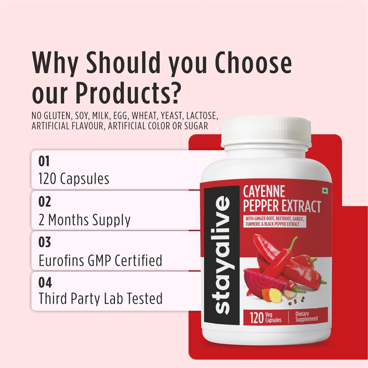 STAY ALIVE Cayenne Pfeffer Kapseln, 6-in-1 Capsicum-Mischung mit Ingwer, Knoblauch, Kurkuma, Rote Bete und Schwarzer Pfeffer Extrakt, 120 Cayenne-Kapseln, Non-GMO & glutenfrei, Capsimax Capsaicin Supplement