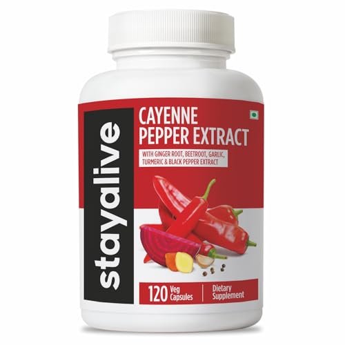 STAY ALIVE Cayenne Pfeffer Kapseln, 6-in-1 Capsicum-Mischung mit Ingwer, Knoblauch, Kurkuma, Rote Bete und Schwarzer Pfeffer Extrakt, 120 Cayenne-Kapseln, Non-GMO & glutenfrei, Capsimax Capsaicin Supplement