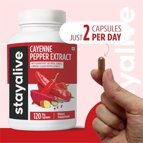 STAY ALIVE Cayenne Pfeffer Kapseln, 6-in-1 Capsicum-Mischung mit Ingwer, Knoblauch, Kurkuma, Rote Bete und Schwarzer Pfeffer Extrakt, 120 Cayenne-Kapseln, Non-GMO & glutenfrei, Capsimax Capsaicin Supplement