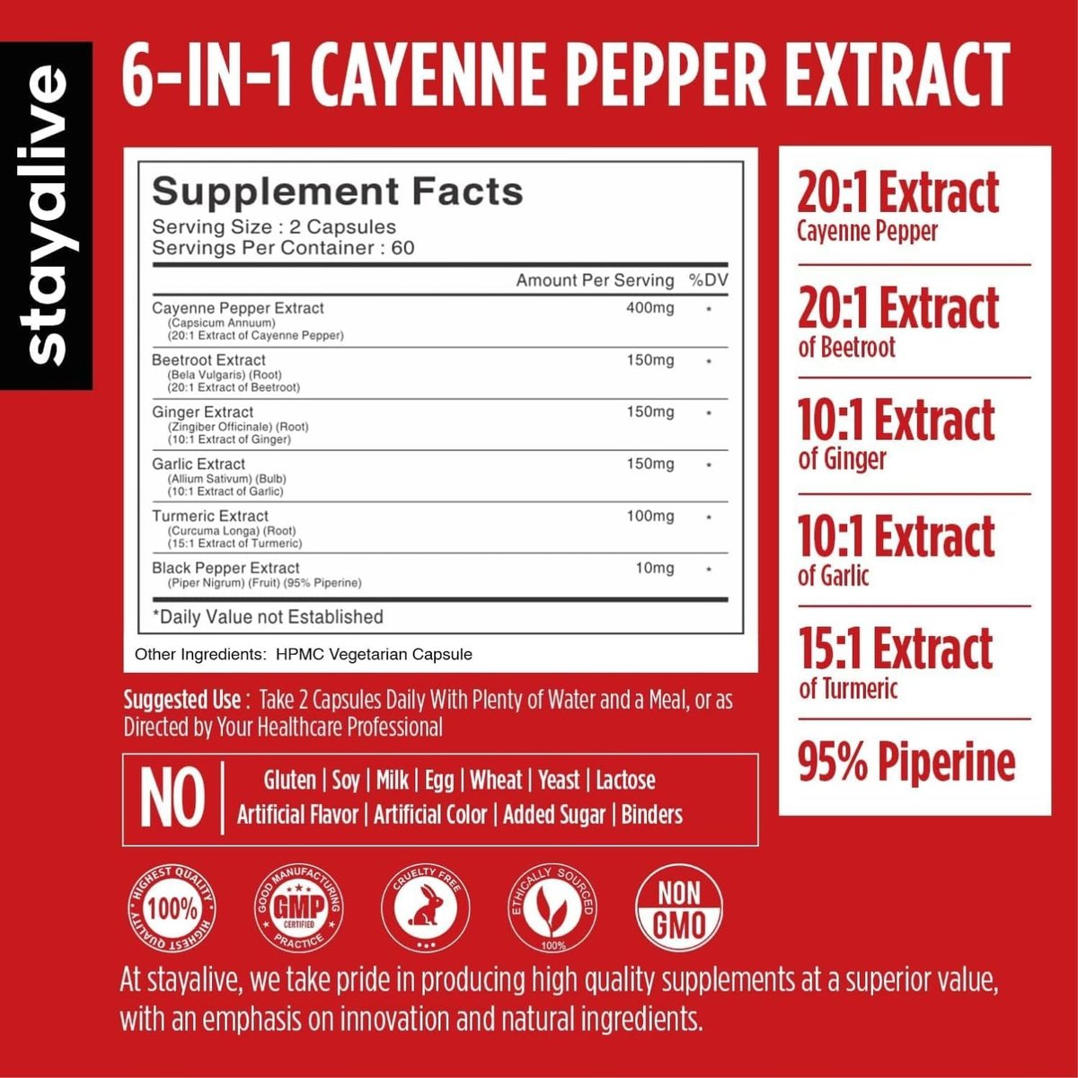 STAY ALIVE Cayenne Pfeffer Kapseln, 6-in-1 Capsicum-Mischung mit Ingwer, Knoblauch, Kurkuma, Rote Bete und Schwarzer Pfeffer Extrakt, 120 Cayenne-Kapseln, Non-GMO & glutenfrei, Capsimax Capsaicin Supplement