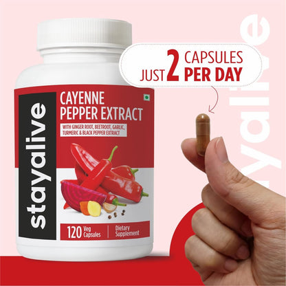 STAY ALIVE Cayenne Pfeffer Kapseln, 6-in-1 Capsicum-Mischung mit Ingwer, Knoblauch, Kurkuma, Rote Bete und Schwarzer Pfeffer Extrakt, 120 Cayenne-Kapseln, Non-GMO & glutenfrei, Capsimax Capsaicin Supplement