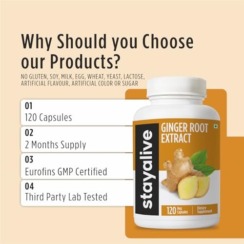 STAY ALIVE Reine Ingwerwurzel Kapseln 1000mg, 10:1 Extrakt Pulver mit 5% Gingerolen, 120 Kapseln, Extra Starke Wurzelpulver, Vegan, Nicht-GVO und Glutenfrei