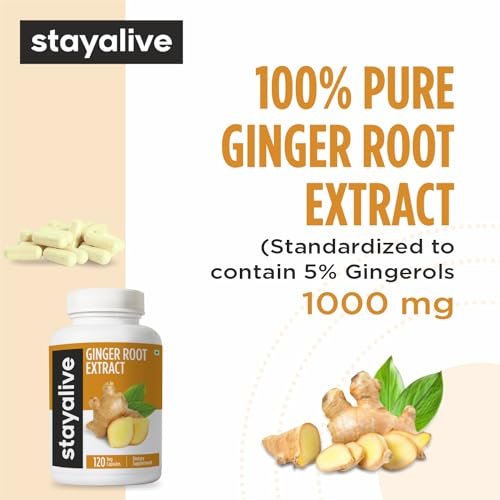 STAY ALIVE Reine Ingwerwurzel Kapseln 1000mg, 10:1 Extrakt Pulver mit 5% Gingerolen, 120 Kapseln, Extra Starke Wurzelpulver, Vegan, Nicht-GVO und Glutenfrei
