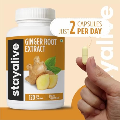 STAY ALIVE Reine Ingwerwurzel Kapseln 1000mg, 10:1 Extrakt Pulver mit 5% Gingerolen, 120 Kapseln, Extra Starke Wurzelpulver, Vegan, Nicht-GVO und Glutenfrei