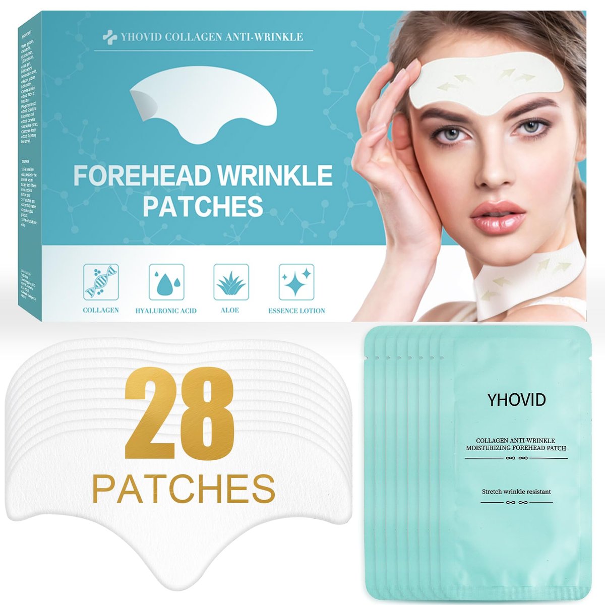 YHOVID 28 Stück Stirnfaltenpflaster - Anti-Falten-Gesichtspflaster mit Kollagen und Vitamin E für die Nacht zur Glättung von feinen Stirnfalten und Fältchen