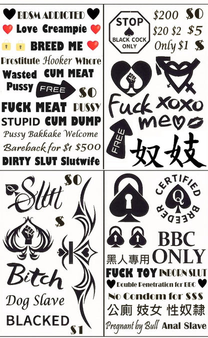 BBC Queen of Spades QoS Temporäre Tattoos 4 Bögen – 57 Stück BDSM Sexuell Erotik Aufkleber (15x21cm) Cuckold Queen of Spades Hooker DIRTY Chinesisch Japanisch Sätze