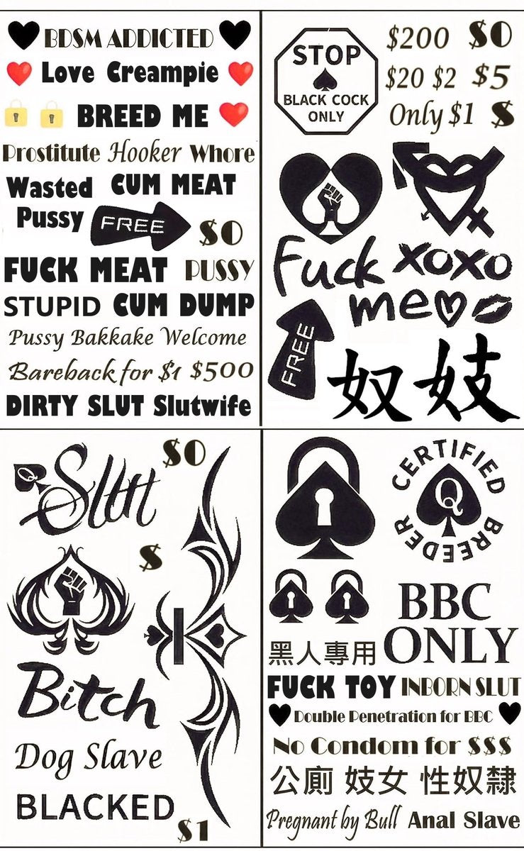 BBC Queen of Spades QoS Temporäre Tattoos 4 Bögen – 57 Stück BDSM Sexuell Erotik Aufkleber (15x21cm) Cuckold Queen of Spades Hooker DIRTY Chinesisch Japanisch Sätze