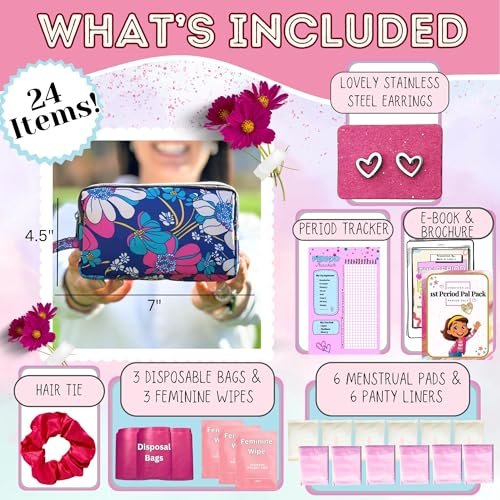 First Period Pal Pack to-Go Kit | 24-teiliges Starter-Set für Mädchen | Diskretes Täschchen, Binden & Slipeinlagen | Perioden-Kit für Tweens 10-12 (Blumen)