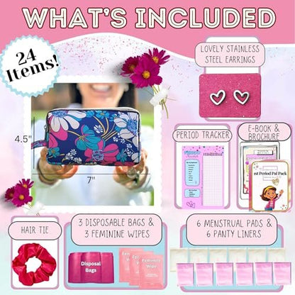 First Period Pal Pack to-Go Kit | 24-teiliges Starter-Set für Mädchen | Diskretes Täschchen, Binden & Slipeinlagen | Perioden-Kit für Tweens 10-12 (Blumen)