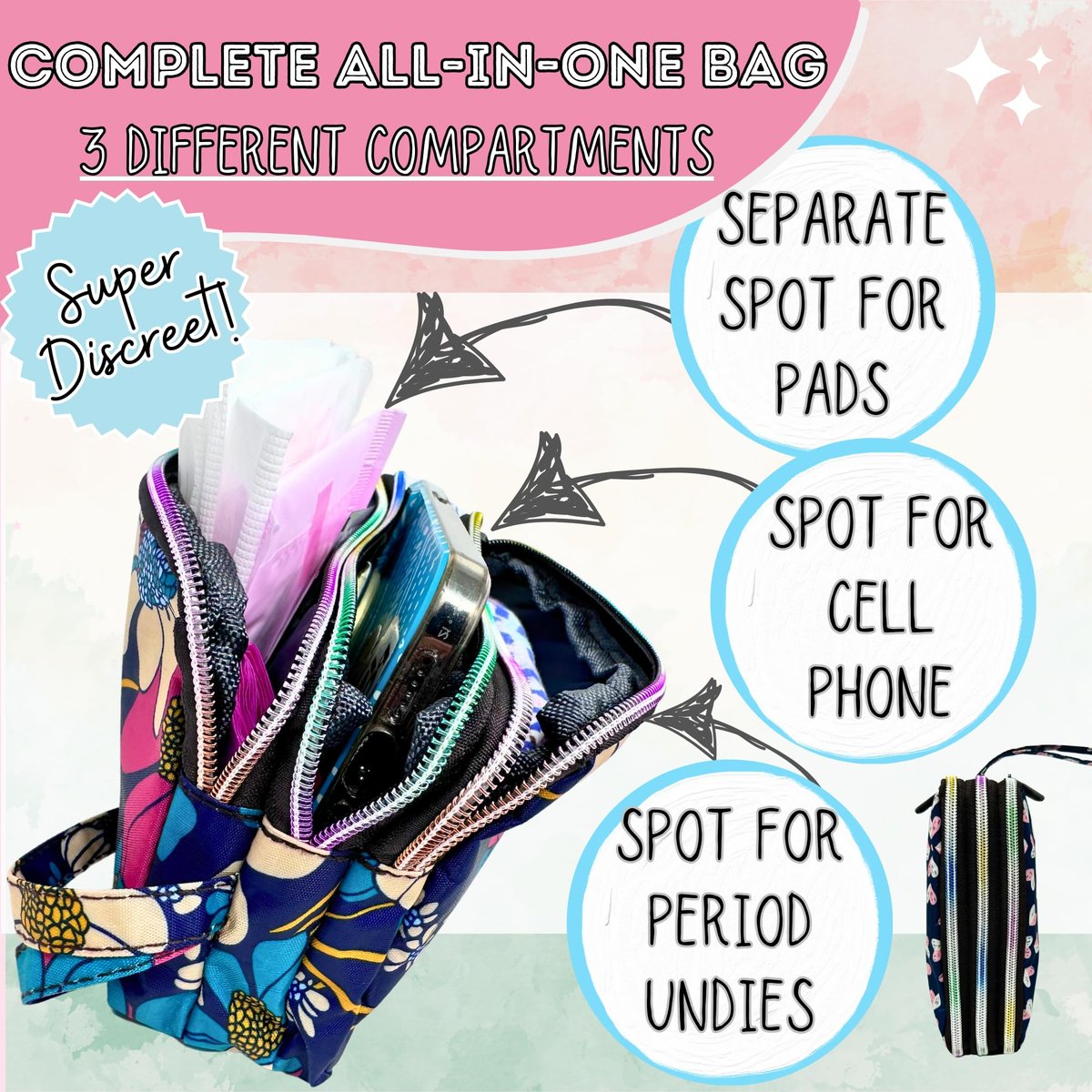 First Period Pal Pack to-Go Kit | 24-teiliges Starter-Set für Mädchen | Diskretes Täschchen, Binden & Slipeinlagen | Perioden-Kit für Tweens 10-12 (Blumen)
