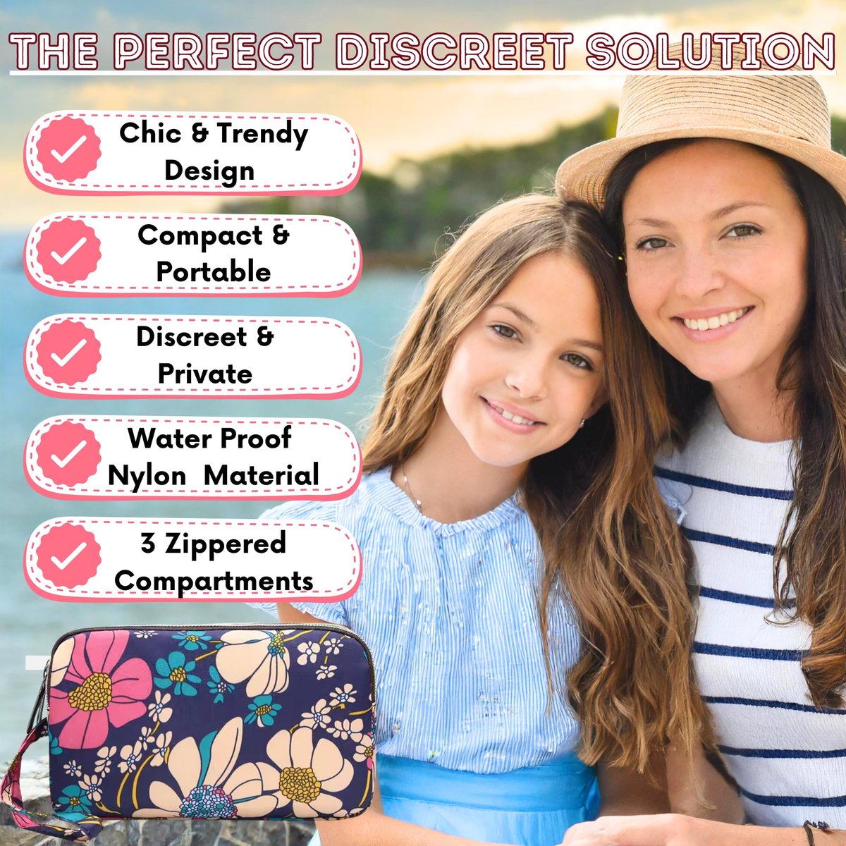 First Period Pal Pack to-Go Kit | 24-teiliges Starter-Set für Mädchen | Diskretes Täschchen, Binden & Slipeinlagen | Perioden-Kit für Tweens 10-12 (Blumen)