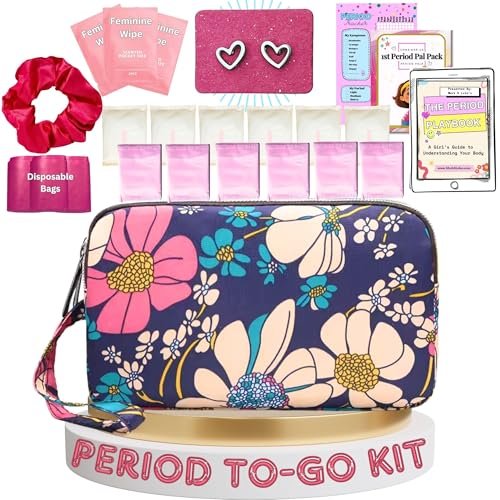 First Period Pal Pack to-Go Kit | 24-teiliges Starter-Set für Mädchen | Diskretes Täschchen, Binden & Slipeinlagen | Perioden-Kit für Tweens 10-12 (Blumen)