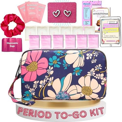 First Period Pal Pack to-Go Kit | 24-teiliges Starter-Set für Mädchen | Diskretes Täschchen, Binden & Slipeinlagen | Perioden-Kit für Tweens 10-12 (Blumen)