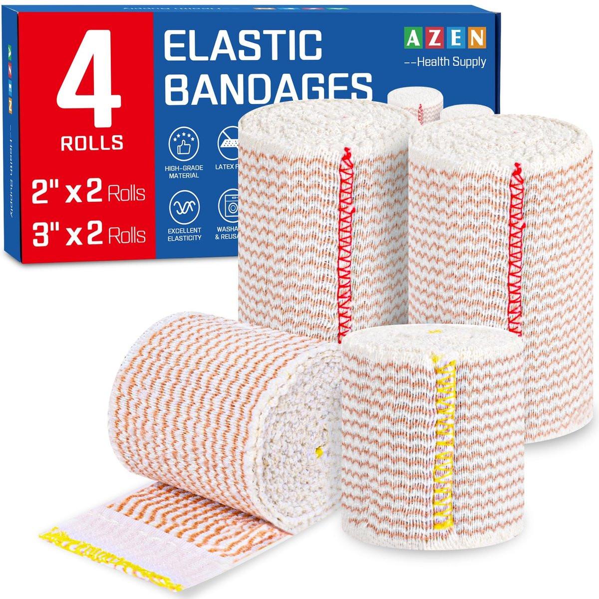 AZEN Premium 4er-Pack elastische Bandage (2x2", 2x3") – Kompressionswickel für Beine, Knöchel, Knie, Bauch, Körper – Latexfrei, Lymphdrainage-Wickel