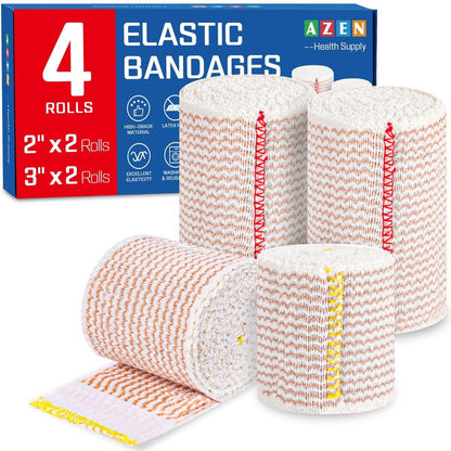 AZEN Premium 4er-Pack elastische Bandage (2x2", 2x3") – Kompressionswickel für Beine, Knöchel, Knie, Bauch, Körper – Latexfrei, Lymphdrainage-Wickel