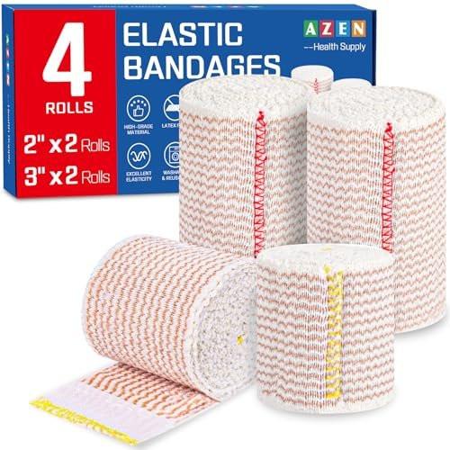 AZEN Premium 4er-Pack elastische Bandage (2x2", 2x3") – Kompressionswickel für Beine, Knöchel, Knie, Bauch, Körper – Latexfrei, Lymphdrainage-Wickel