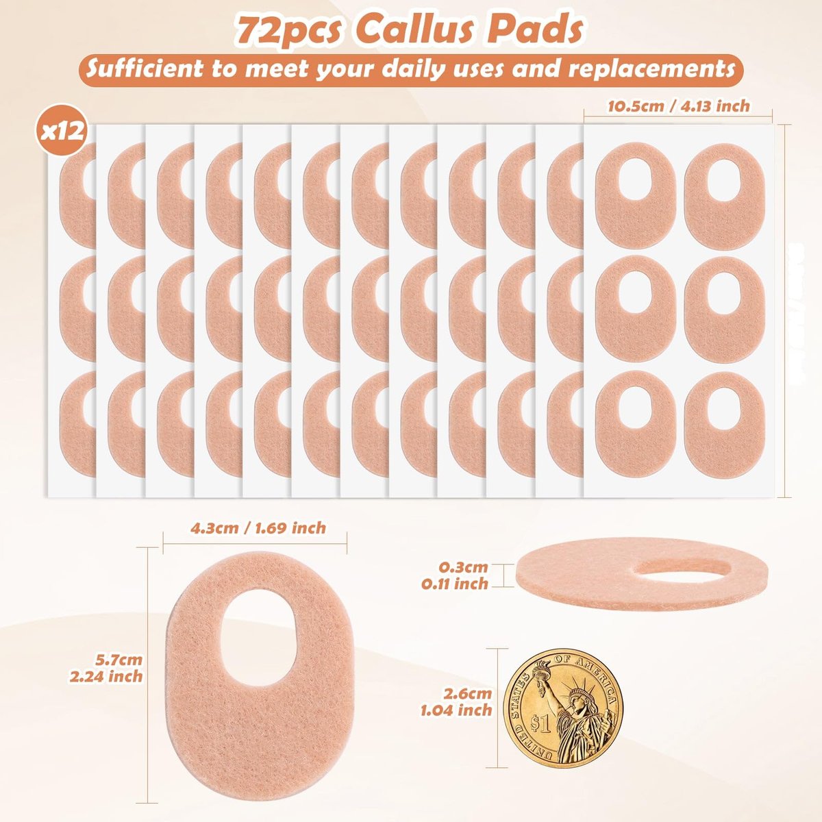 Shynek 72 Stück Hornhautpads aus weichem Filz – Selbstklebende Fußpads für Schmerzlinderung, beige, oval