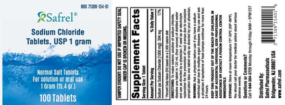 Safrel Natriumchlorid Tabletten 1 g, USP | Normale Salztabletten | (15,4 g) | Elektrolyt-Ausgleich, Hydrationsgetränk (100 Stück, Packung mit 1)