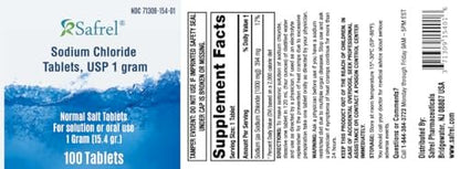 Safrel Natriumchlorid Tabletten 1 g, USP | Normale Salztabletten | (15,4 g) | Elektrolyt-Ausgleich, Hydrationsgetränk (100 Stück, Packung mit 1)