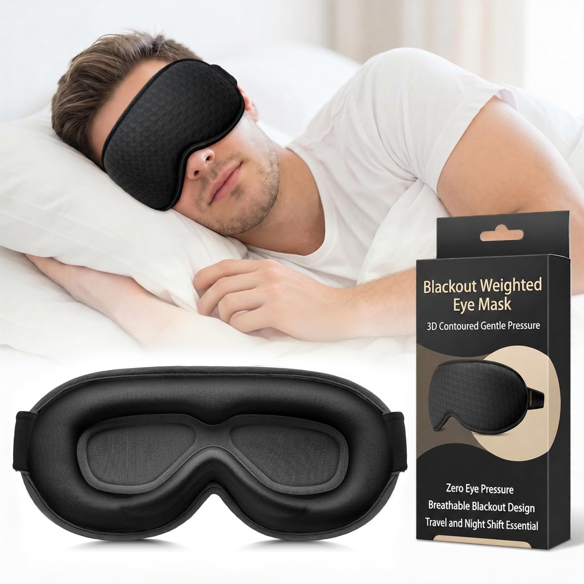 Blackout Schlafmaske mit Gewicht: 3D Konturierte Sanfte Druck Schlafmaske für Männer & Frauen - Flugzeug Reise & Nachtschicht Essentials, Null Augendruck, Atmungsaktive Augenklappe, Schwarz
