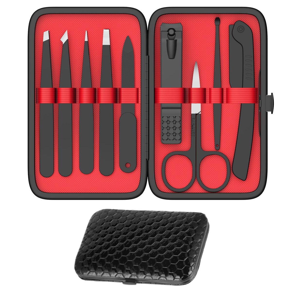 Yougai Pinzetten- und Nagelknipser-Set, 9-teiliges professionelles Edelstahl-Pinzettenset – Präzisionspinzetten mit gebogener Schere und Augenbrauenrasierer für tägliche Beauty-Werkzeuge mit Ledertragetasche
