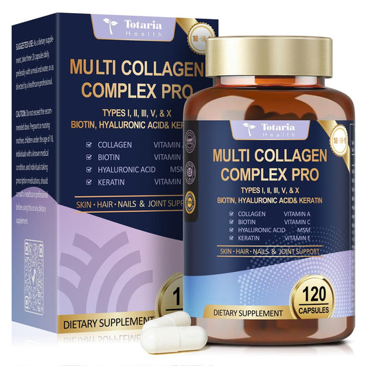 18-in-1 Collagen Pro mit Hyaluronsäure, Keratin, Biotin, VIT A, C & E für Haut, Haare, Nägel, Gelenke & Schönheit – Multi-Kollagen-Peptid-Kapseln mit Typ I, II, III, V & X für Frauen & Männer – 120 Kapseln