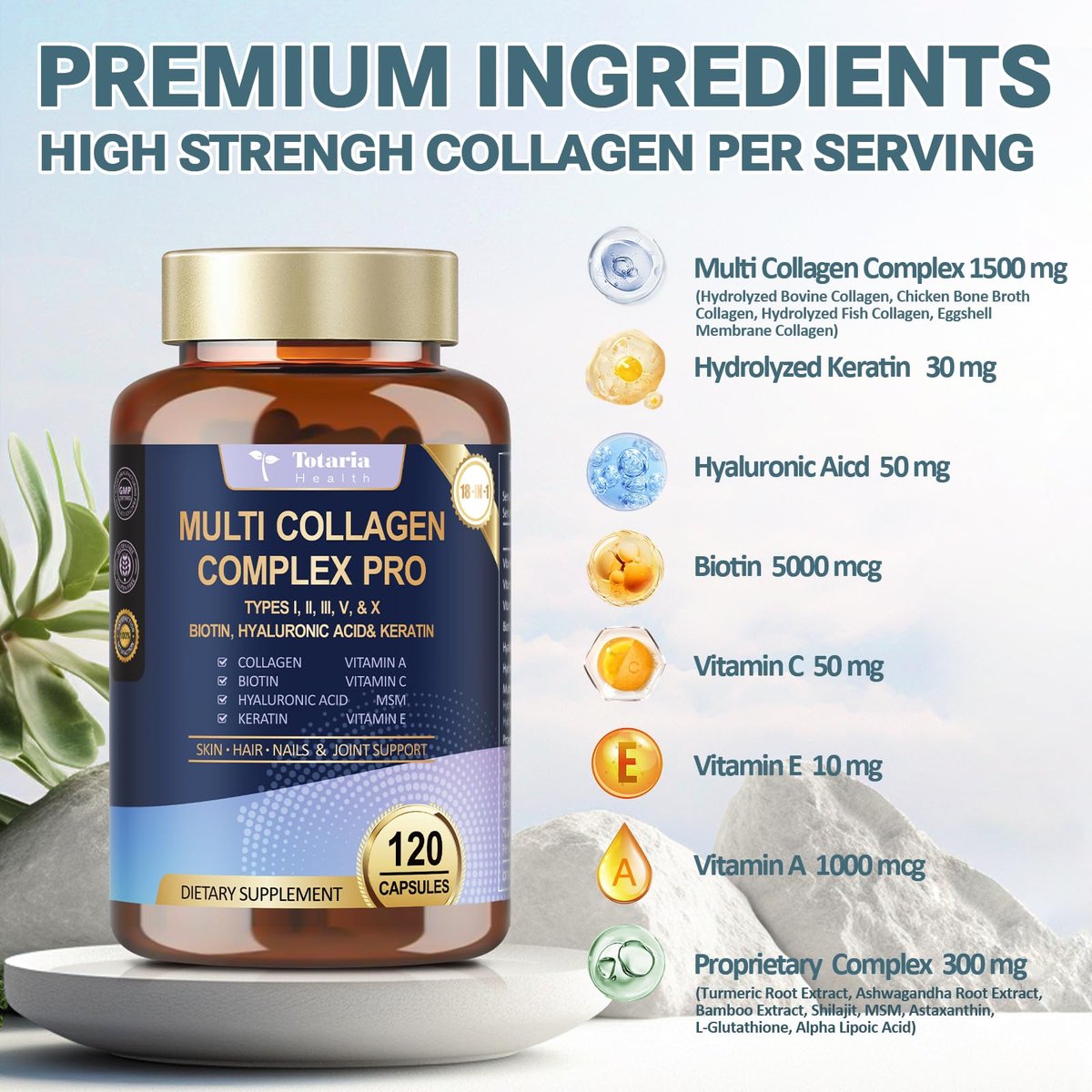 18-in-1 Collagen Pro mit Hyaluronsäure, Keratin, Biotin, VIT A, C & E für Haut, Haare, Nägel, Gelenke & Schönheit – Multi-Kollagen-Peptid-Kapseln mit Typ I, II, III, V & X für Frauen & Männer – 120 Kapseln