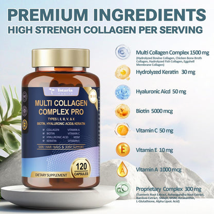 18-in-1 Collagen Pro mit Hyaluronsäure, Keratin, Biotin, VIT A, C & E für Haut, Haare, Nägel, Gelenke & Schönheit – Multi-Kollagen-Peptid-Kapseln mit Typ I, II, III, V & X für Frauen & Männer – 120 Kapseln