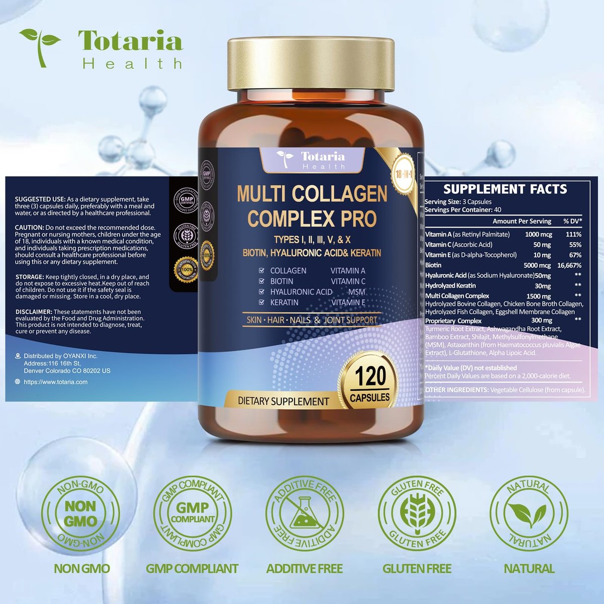 18-in-1 Collagen Pro mit Hyaluronsäure, Keratin, Biotin, VIT A, C & E für Haut, Haare, Nägel, Gelenke & Schönheit – Multi-Kollagen-Peptid-Kapseln mit Typ I, II, III, V & X für Frauen & Männer – 120 Kapseln