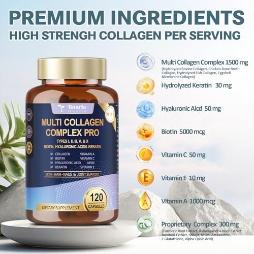 18-in-1 Collagen Pro mit Hyaluronsäure, Keratin, Biotin, VIT A, C & E für Haut, Haare, Nägel, Gelenke & Schönheit – Multi-Kollagen-Peptid-Kapseln mit Typ I, II, III, V & X für Frauen & Männer – 120 Kapseln