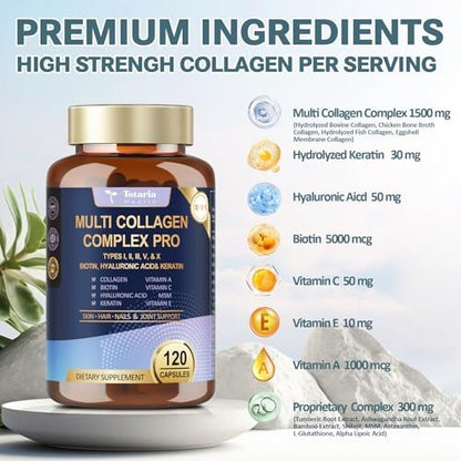 18-in-1 Collagen Pro mit Hyaluronsäure, Keratin, Biotin, VIT A, C & E für Haut, Haare, Nägel, Gelenke & Schönheit – Multi-Kollagen-Peptid-Kapseln mit Typ I, II, III, V & X für Frauen & Männer – 120 Kapseln