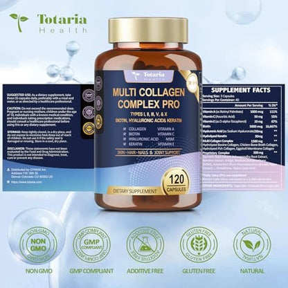 18-in-1 Collagen Pro mit Hyaluronsäure, Keratin, Biotin, VIT A, C & E für Haut, Haare, Nägel, Gelenke & Schönheit – Multi-Kollagen-Peptid-Kapseln mit Typ I, II, III, V & X für Frauen & Männer – 120 Kapseln