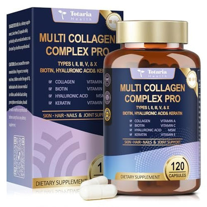 18-in-1 Collagen Pro mit Hyaluronsäure, Keratin, Biotin, VIT A, C & E für Haut, Haare, Nägel, Gelenke & Schönheit – Multi-Kollagen-Peptid-Kapseln mit Typ I, II, III, V & X für Frauen & Männer – 120 Kapseln