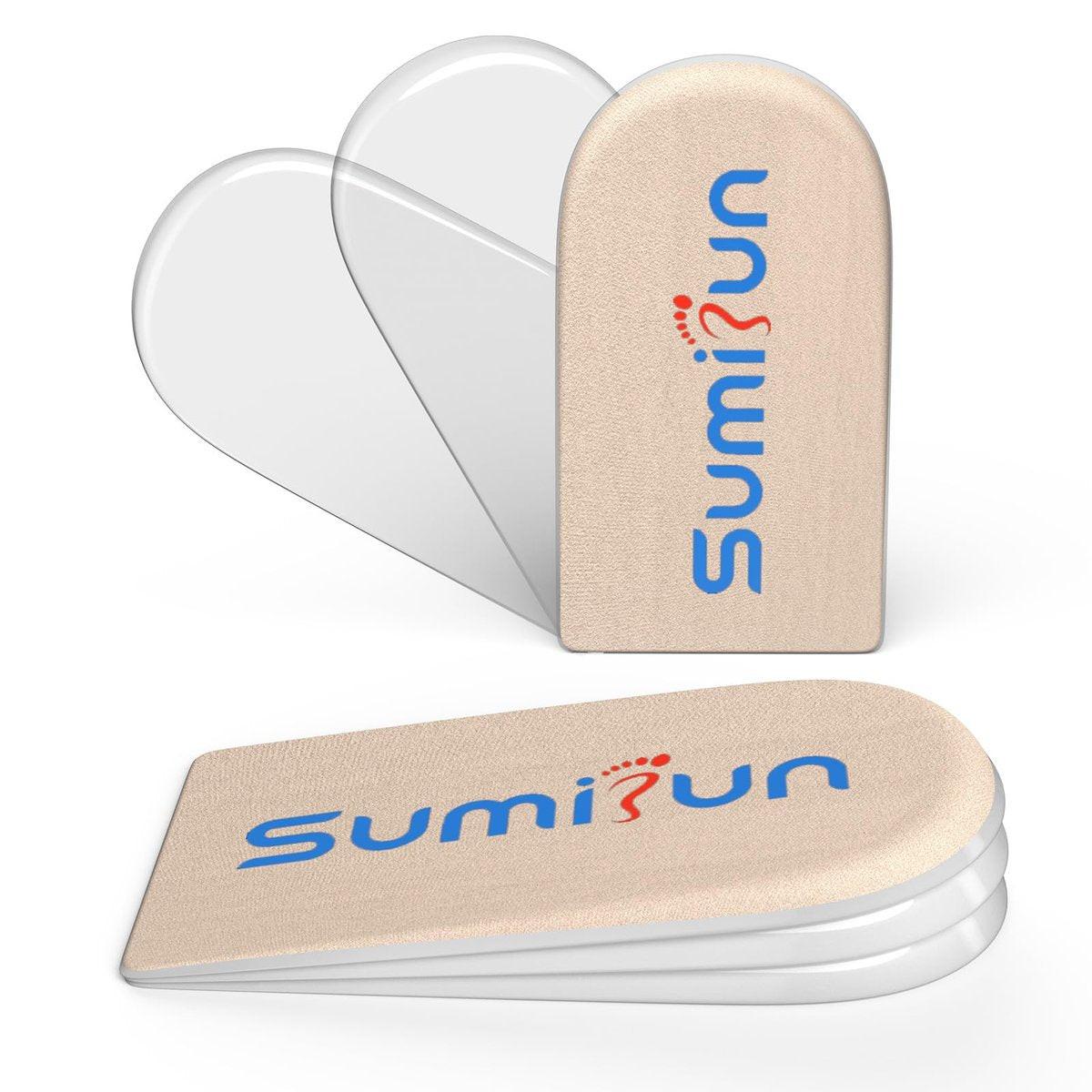 Sumifun Fersenerhöhung, 3-schichtige Gel-Einlagen für Frauen bei ungleichen Beinen, verstellbare orthopädische Fersenkissen bei Fersenschmerzen und Beinlängendifferenz, Fersenkeile 1/8" 2/8" 3/8" (Größe S, Beige)