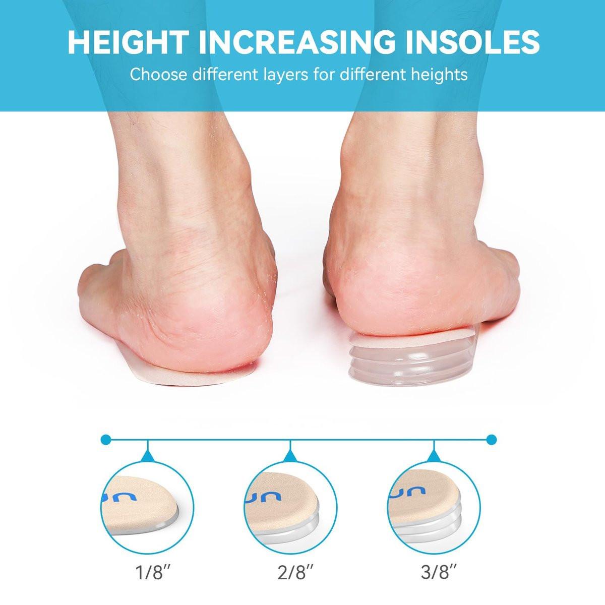 Sumifun Fersenerhöhung, 3-schichtige Gel-Einlagen für Frauen bei ungleichen Beinen, verstellbare orthopädische Fersenkissen bei Fersenschmerzen und Beinlängendifferenz, Fersenkeile 1/8" 2/8" 3/8" (Größe S, Beige)