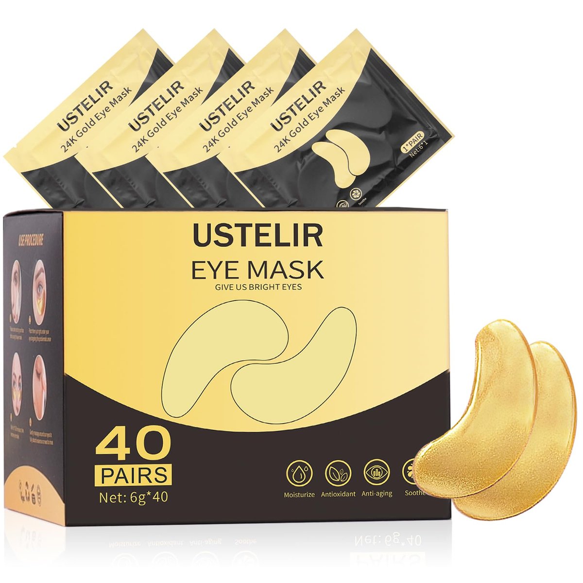 USTELIR Augenpads, 40 Paar Augenmasken gegen dunkle Ringe, Tränensäcke, Falten, mit 24K Gold, Augenpflege für Männer und Frauen, Geschenk
