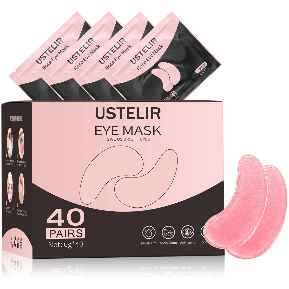 USTELIR Augenpflaster, 40 Paar Augenmasken gegen dunkle Ringe, Tränensäcke, Falten, mit Rosen-Extrakt, Hautpflege für Männer und Frauen