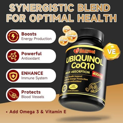 Ubiquinol CoQ10 400 mg Weichkapseln mit Vitamin E & Omega-3 – Maximale Absorption Coenzym Q10, Starkes Antioxidans, Unterstützt Herzgesundheit & Energieproduktion, 120 Stück, Nicht-GVO