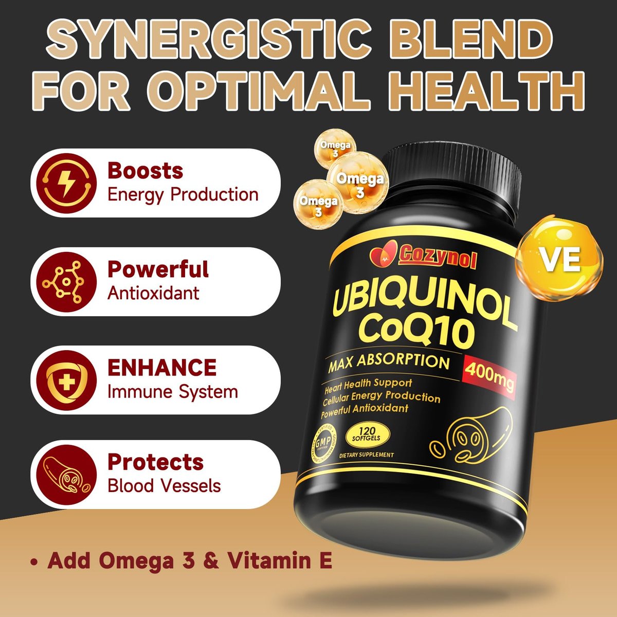 Ubiquinol CoQ10 400 mg Weichkapseln mit Vitamin E & Omega-3 – Maximale Absorption Coenzym Q10, Starkes Antioxidans, Unterstützt Herzgesundheit & Energieproduktion, 120 Stück, Nicht-GVO