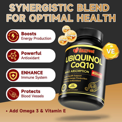 Ubiquinol CoQ10 400 mg Weichkapseln mit Vitamin E & Omega-3 – Maximale Absorption Coenzym Q10, Starkes Antioxidans, Unterstützt Herzgesundheit & Energieproduktion, 120 Stück, Nicht-GVO
