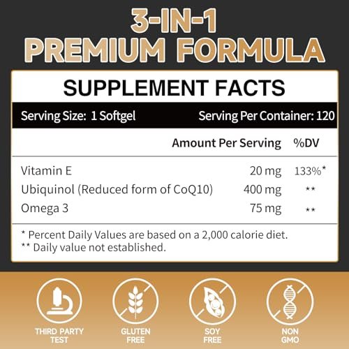 Ubiquinol CoQ10 400 mg Weichkapseln mit Vitamin E & Omega-3 – Maximale Absorption Coenzym Q10, Starkes Antioxidans, Unterstützt Herzgesundheit & Energieproduktion, 120 Stück, Nicht-GVO