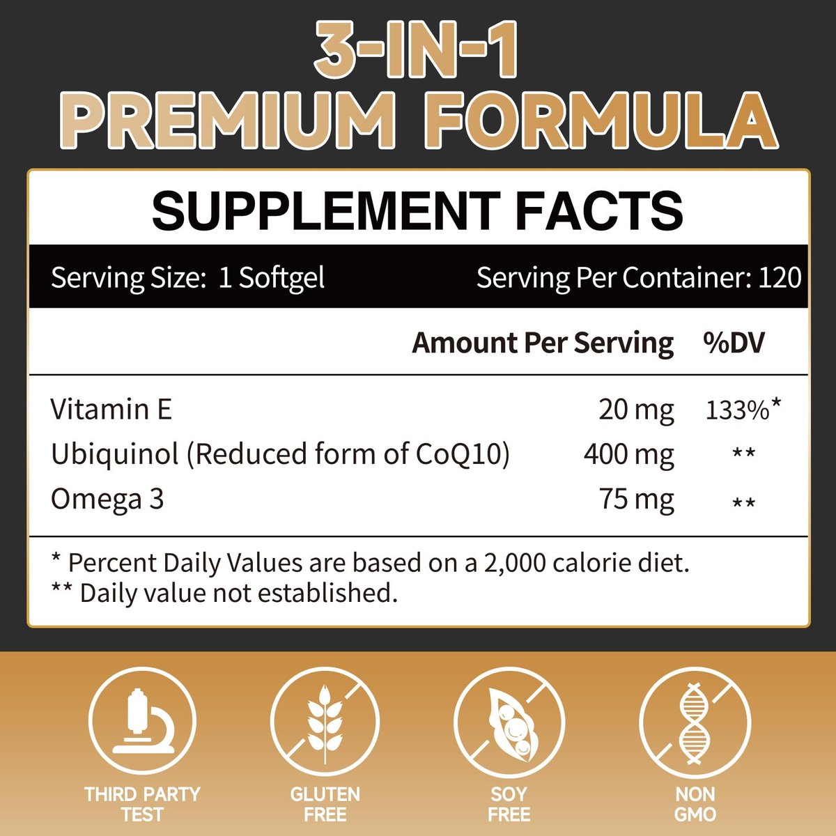 Ubiquinol CoQ10 400 mg Weichkapseln mit Vitamin E & Omega-3 – Maximale Absorption Coenzym Q10, Starkes Antioxidans, Unterstützt Herzgesundheit & Energieproduktion, 120 Stück, Nicht-GVO