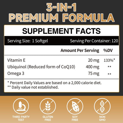 Ubiquinol CoQ10 400 mg Weichkapseln mit Vitamin E & Omega-3 – Maximale Absorption Coenzym Q10, Starkes Antioxidans, Unterstützt Herzgesundheit & Energieproduktion, 120 Stück, Nicht-GVO
