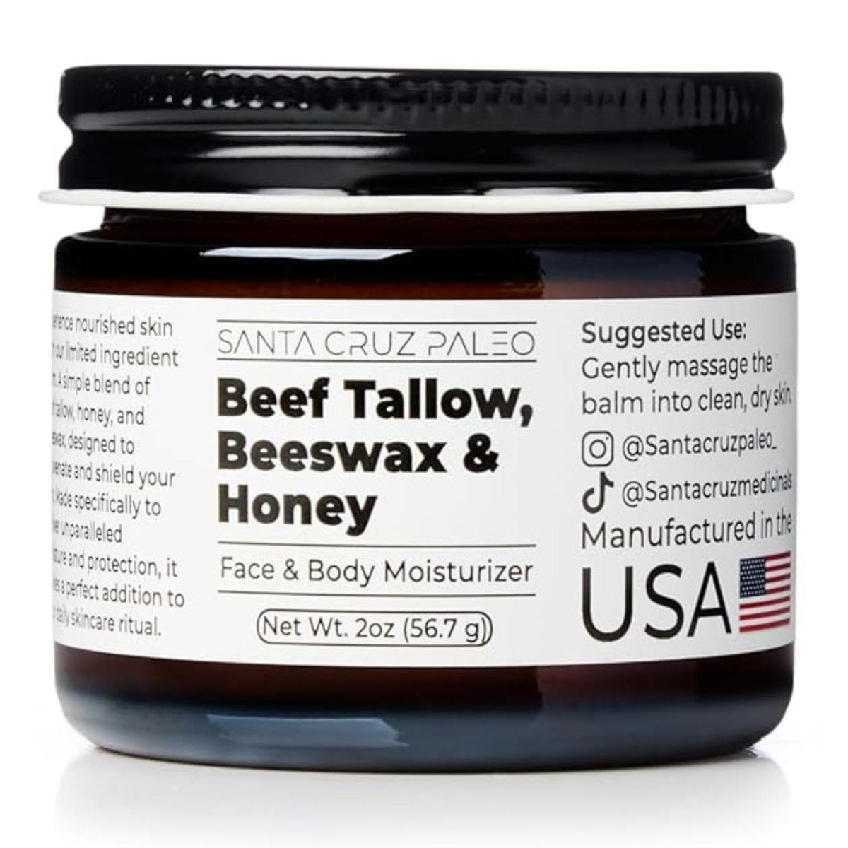 Santa Cruz Paleo Gesichtsfeuchtigkeitscreme mit Rindertalg, Bienenwachs & Honig, Bio, unparfümiert, grasgefüttert, nicht komedogen, für empfindliche Haut, 60 ml