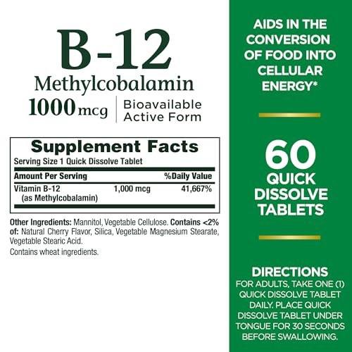 Nature's Bounty Vitamin B-12 Schnell-Lutschtabletten, 1000 µg, Kirschgeschmack, 60 Stück