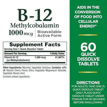 Nature's Bounty Vitamin B-12 Schnell-Lutschtabletten, 1000 µg, Kirschgeschmack, 60 Stück
