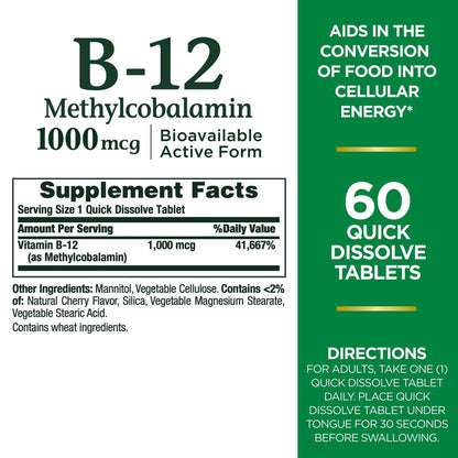 Nature's Bounty Vitamin B-12 Schnell-Lutschtabletten, 1000 µg, Kirschgeschmack, 60 Stück